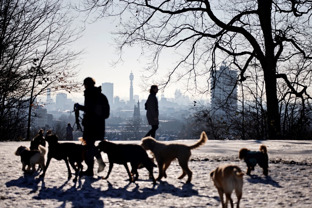 In this file photo taken on January 25, 2021 pedestrians walk with dogs in snow and ice, backdropped by the London skyline, viewed from Parliament Hill on Hampstead Heath in London, as Londoners continue to live under Tier 4 coronavirus lockdown restrictions. – AFP pic