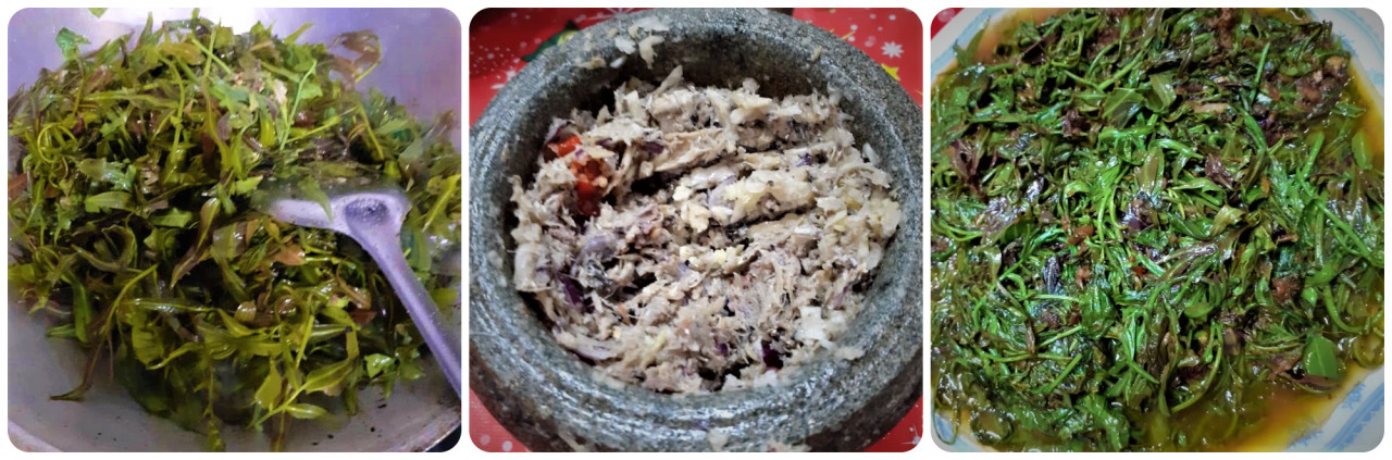 (From L-R) Cooking the midin; garlic-fried midin; midin cooked with shrimp paste. – Pic courtesy of Marilyn Madrod