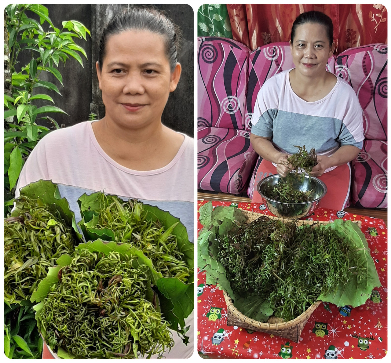 (L-R) Roseini Madrod presents bouquets of midin; she later shows how to peel the vegetable. – Pic courtesy of Marilyn Madrod