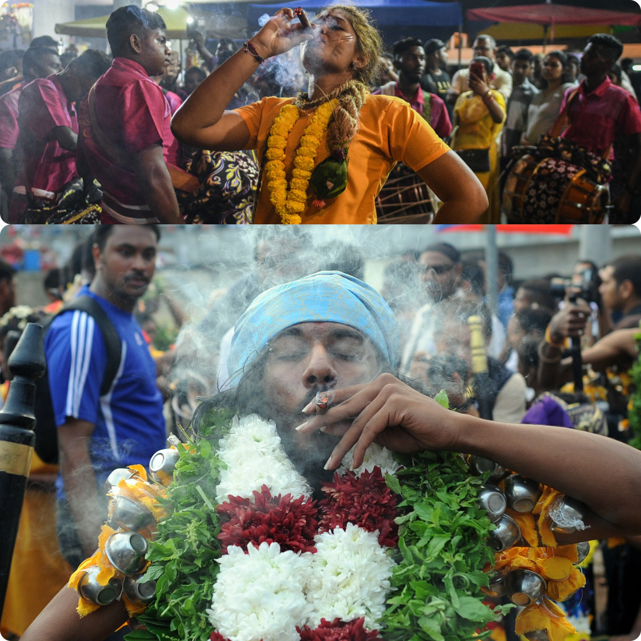 Devotees taking cigar puffs before making their way towards the Batu Caves temple to make offerings during the Thaipusam festival in 2011 and 2020 respectively before the pandemic. – AFP pic