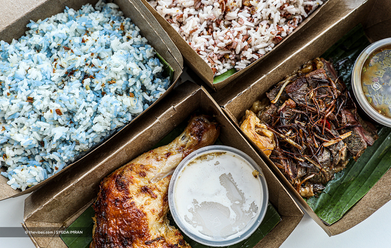 Clockwire from top left: Nasi Jasmin Bunga Telang, Nasi Dagang, Harimau Menangis Bakar (spiced grilled sirloin steak slices), and Ayam Perchik. - SYEDA IMRAN/The Vibes pic