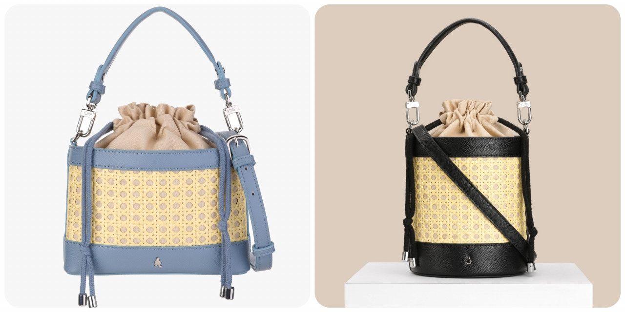 The Dayang is a mini rectangular bag with a drawstring top that opens to dUCk’s signature monogram lining with pockets for lipsticks and a pincushion (left). The Salma’s bucketed form is designed with faux leather and features a drawstring top for easy access to your belongings. – Pic courtesy of dUCk Group