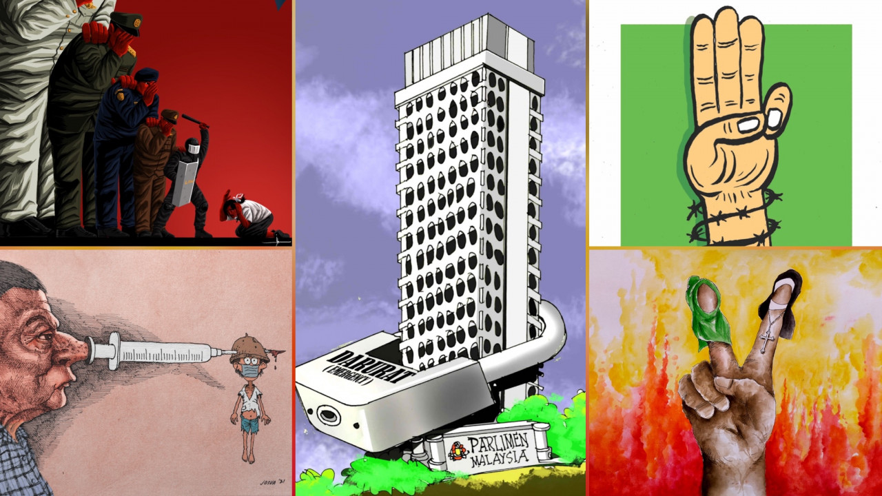 The online event will feature around 100 hard hitting cartoons from 37 political cartoonists in two separate galleries representing the state of play of politics in Malaysia, Thailand, Indonesia, the Philippines, and Myanmar. — Pic courtesy of Asean Human Rights organising comittee
