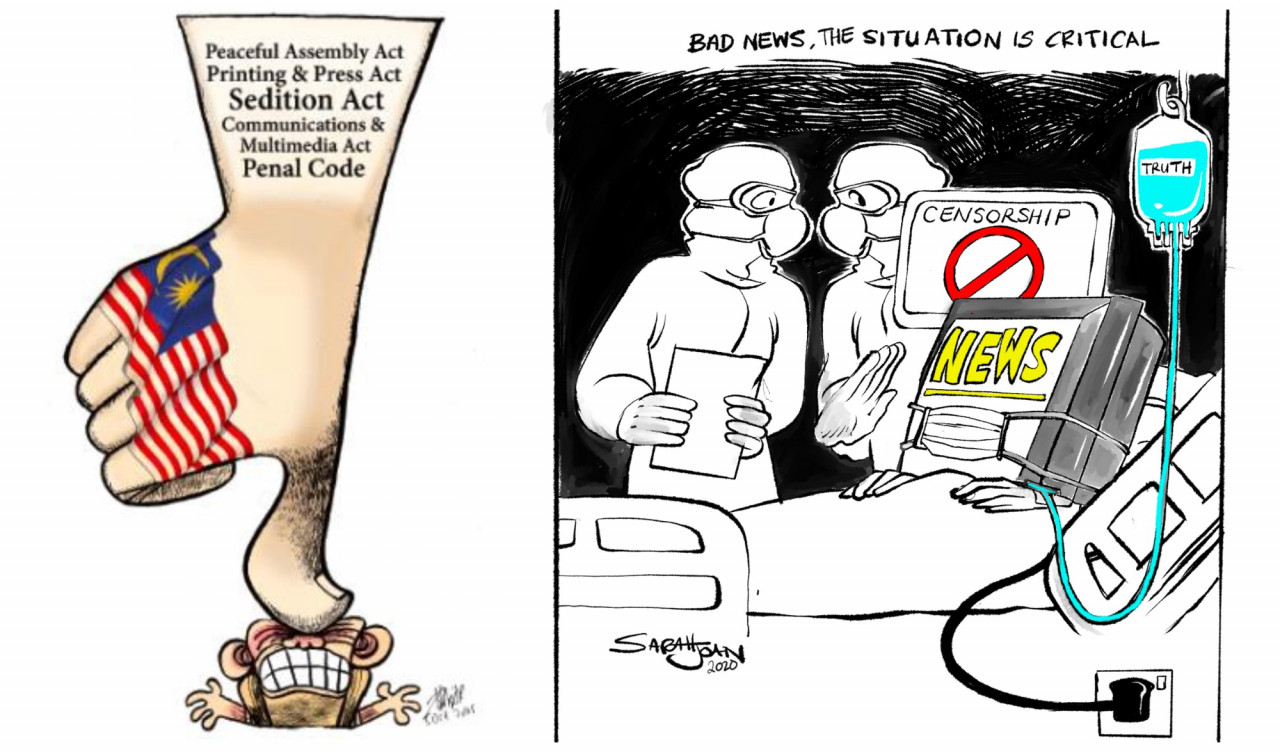 Zunar’s cartoon for the cover of the Human Rights Watch report (left) and 'Bad News' by Sarah Joan. – Pic courtesy of Asean Human Rights Exhibition