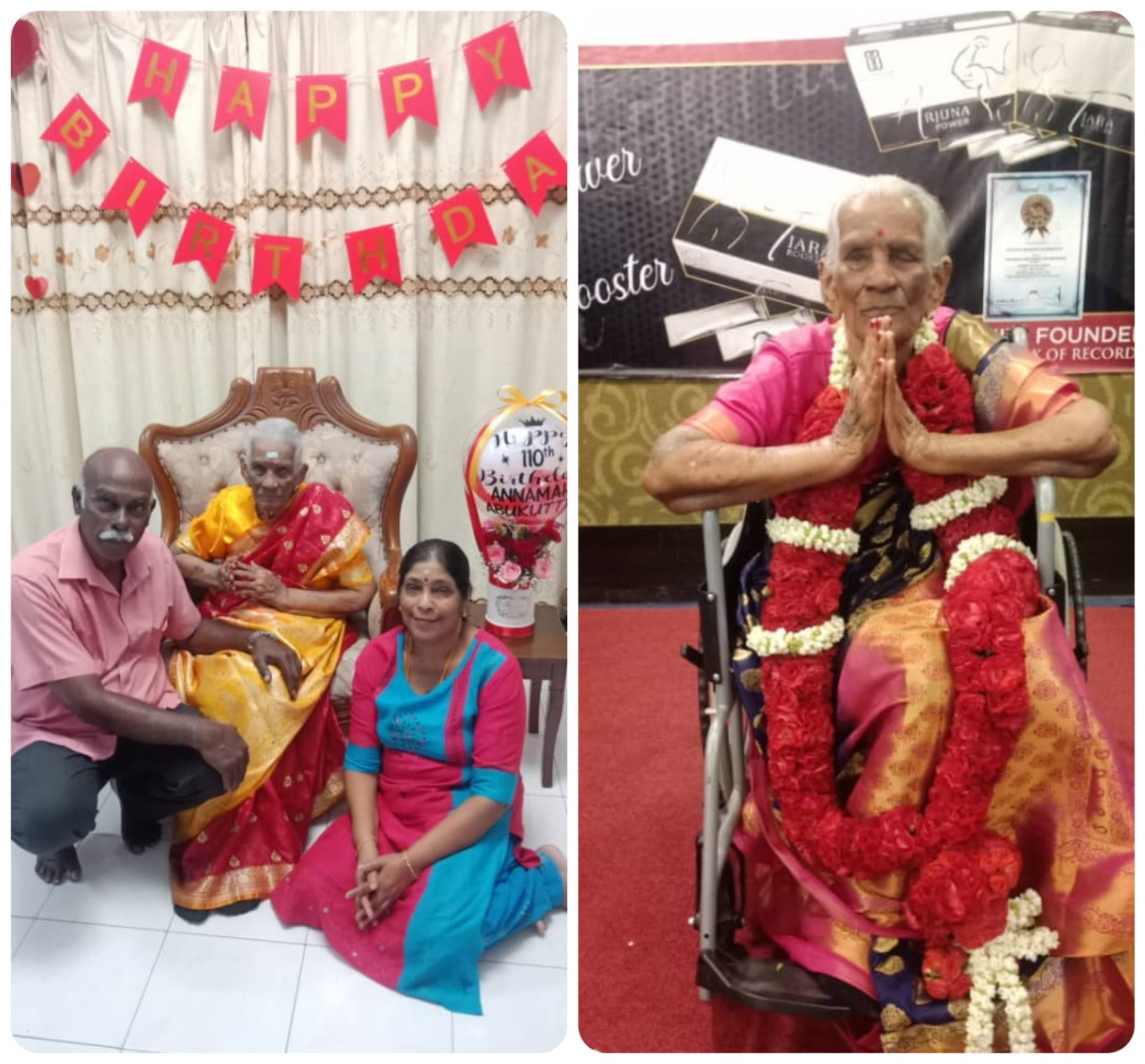 Annamah with son Subramaniam and daughter-in-law S. Rukumani (left). Annamah is recognised as Malaysia’s oldest woman by the Malaysia Book of Records on March 31. – Pic courtesy of S. Ezilan