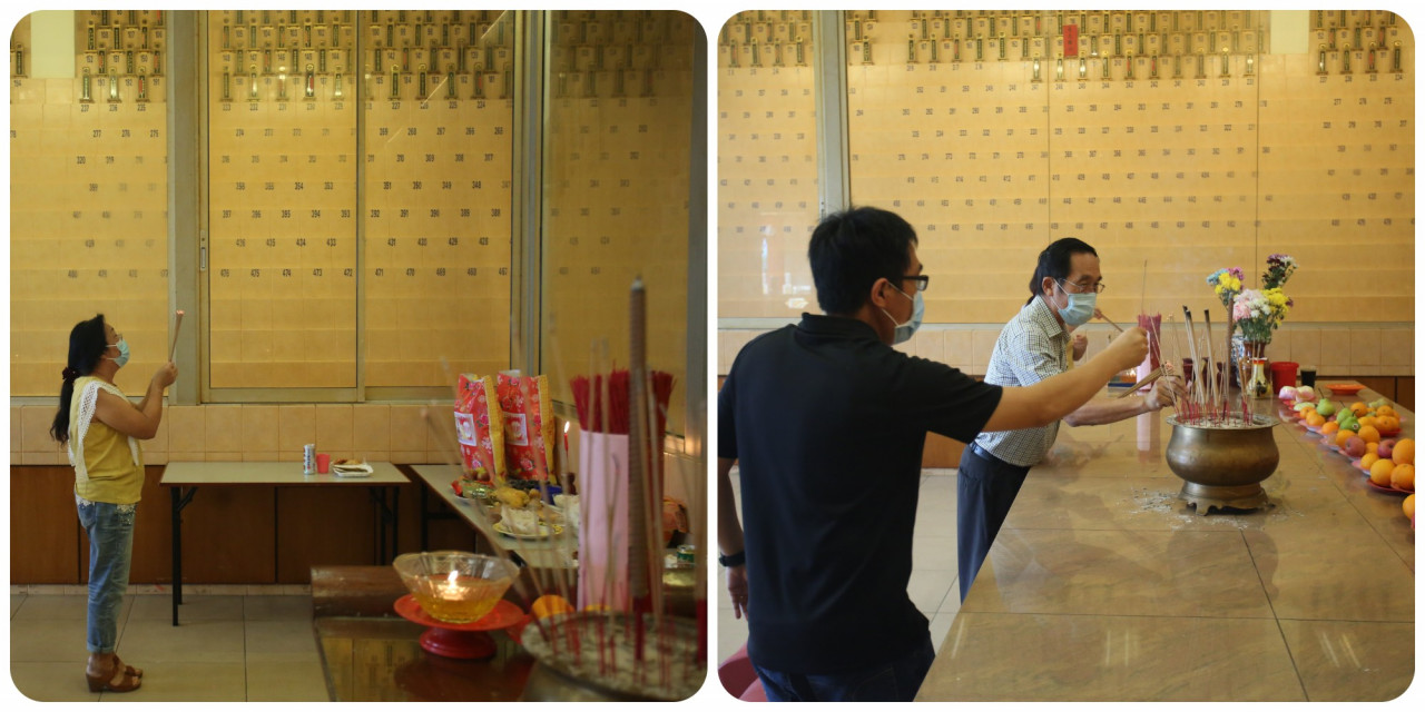 (L) Chan’s mother praying to the name plaque of her mother-in-law, hoping for protection and blessing on her family. (R) Chan and his father lighting the incense during the Qing Ming Day ritual . - Pic courtesy of Ahmad Jimmy