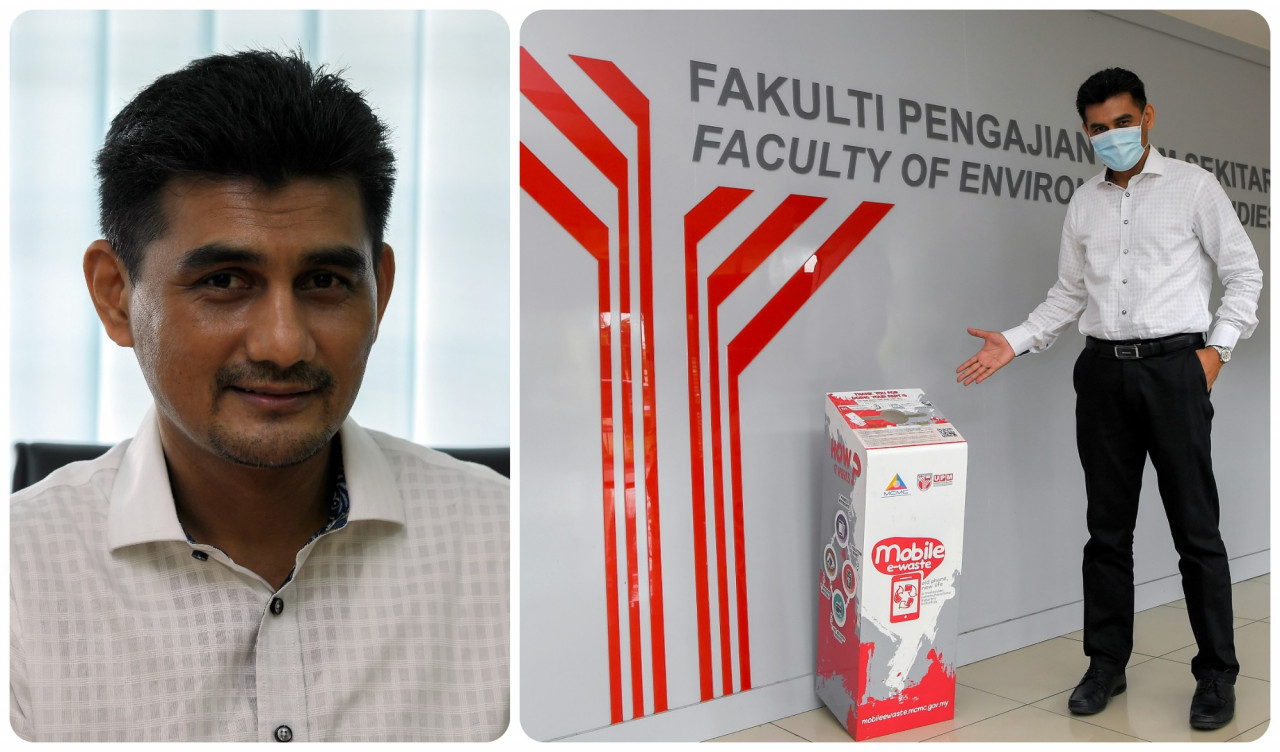Dr Mohd Yusoff Ishak (left) showing the recycling box for obsolete smart phones at UPM recently. – Bernama pic
