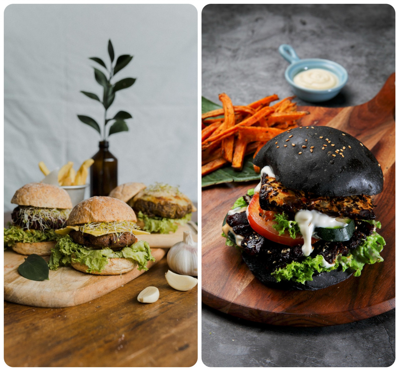 Pinxin Vegan Cuisine’s Charcoal Dark Hericium Burger (left) and RGB’s Power Protein Packed Burger. – Pic courtesy of Peta