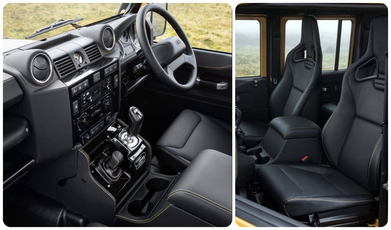 Land Rover Classic's own Classic Infotainment System (left) and full black Windsor leather upholstery with Recaro sports seats. – Pic courtesy of Land Rover Trophy