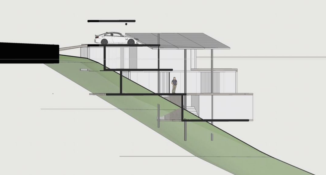 Instead of levelling off the land with concrete, the containers have steel supports built into the slope. – Sara Lo pic