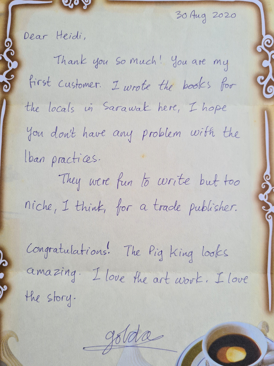 A letter from author Golda Mowe. – Pic courtesy of Heidi Shamsuddin