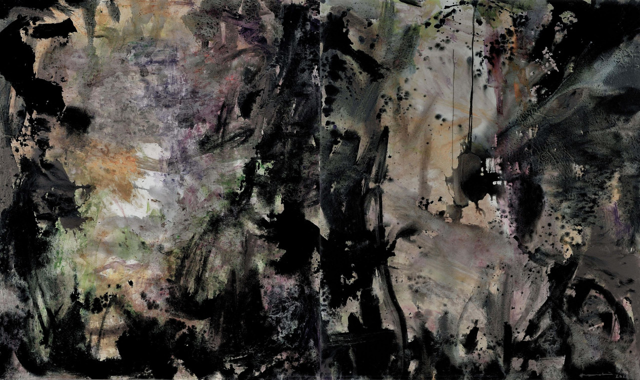 Shan Shui I (Gunungan dan Sungai), Chinese Ink and acrylic on canvas, 173cm x 290.5cm (Diptych). –  Photo courtesy of WeiLing Gallery