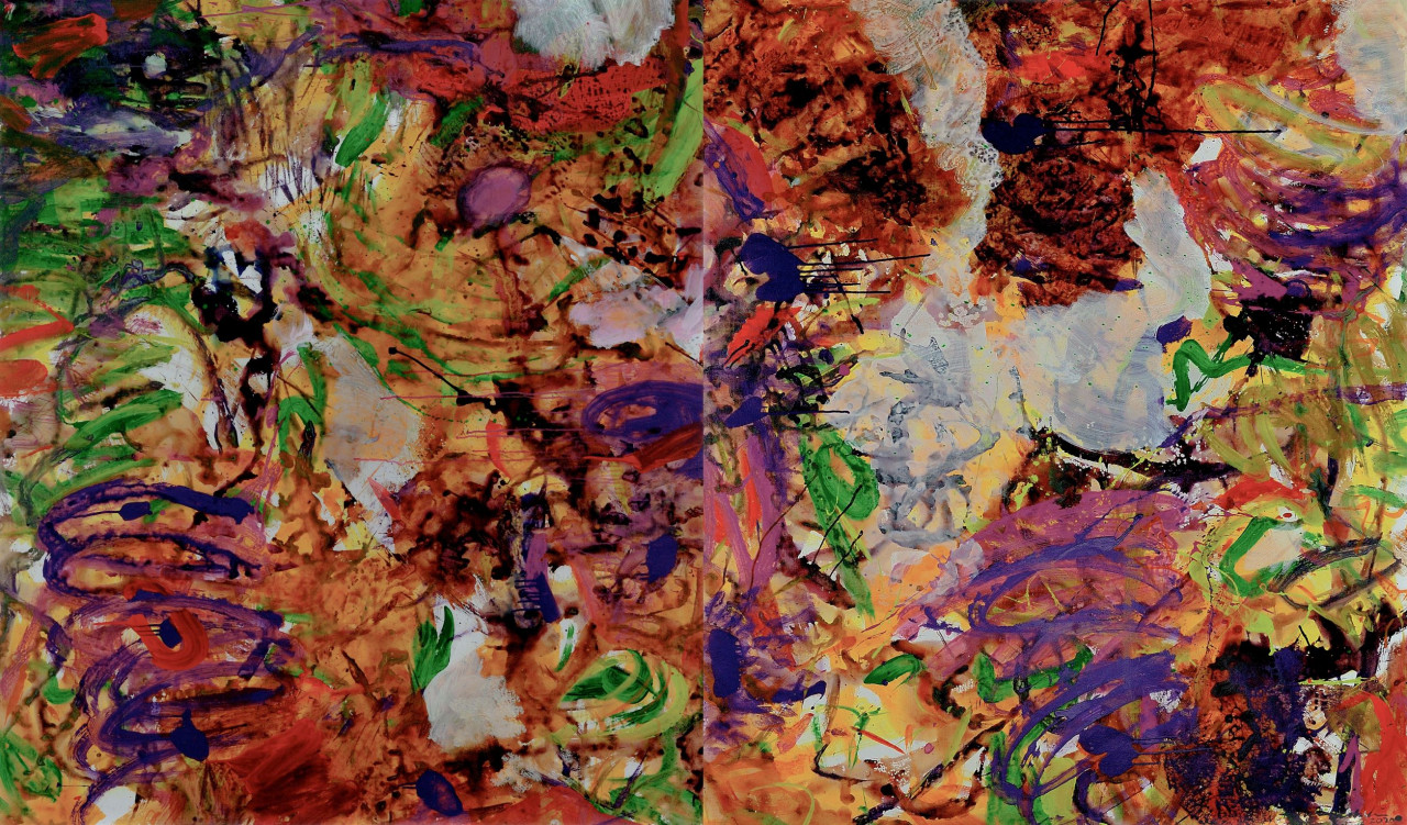 Untitled (Enamel paint and acrylic on canvas), 173cm x 290.5cm (Diptych) (2020). – Photo courtesy of WeiLing Gallery