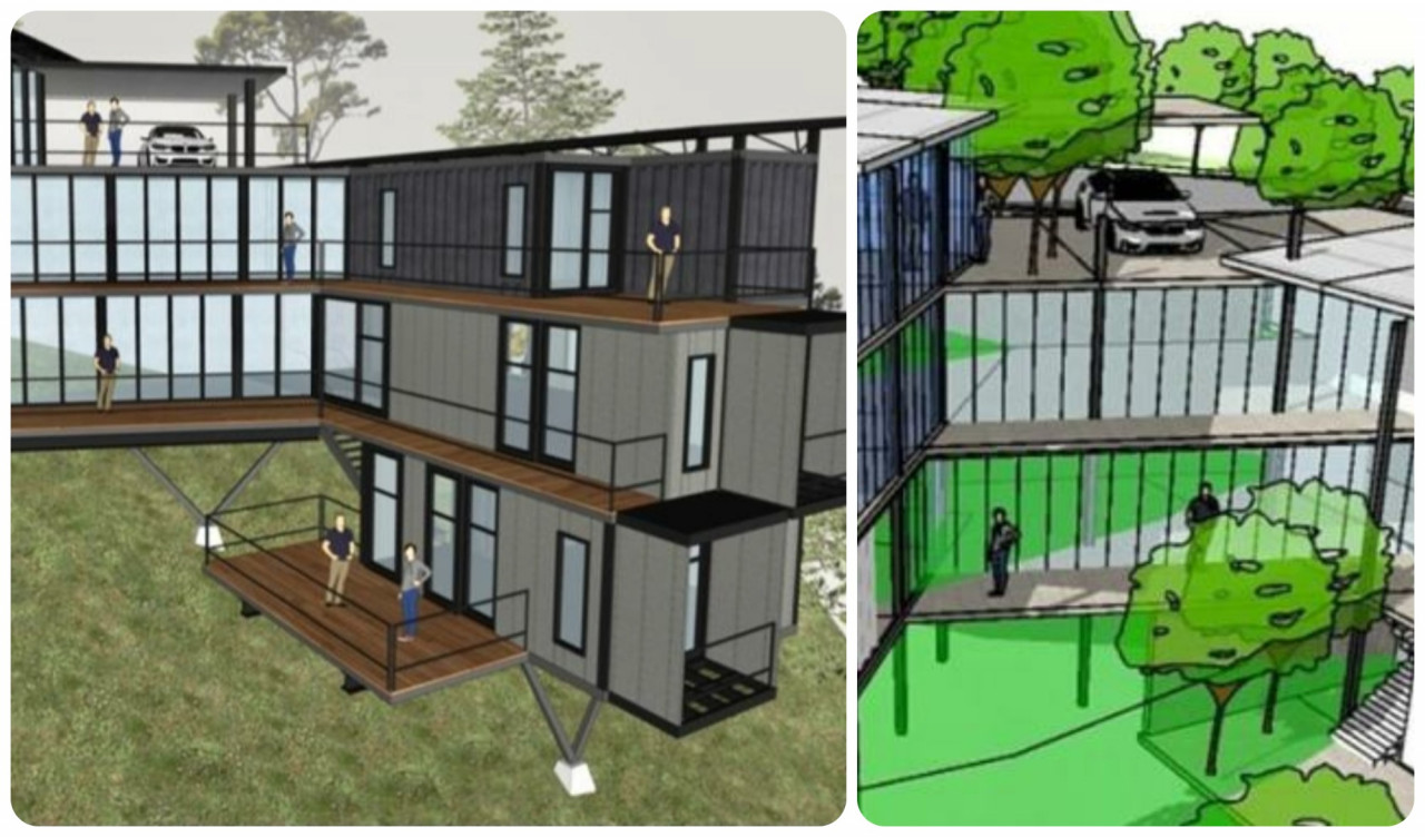  The eco home will have a large, glass-walled central area, with the containers branching off, like pods, to serve as bedrooms or other private spaces (left). Two storeys are planned at the moment but, as the design is modular, more can be added later. – Sara Lo pix