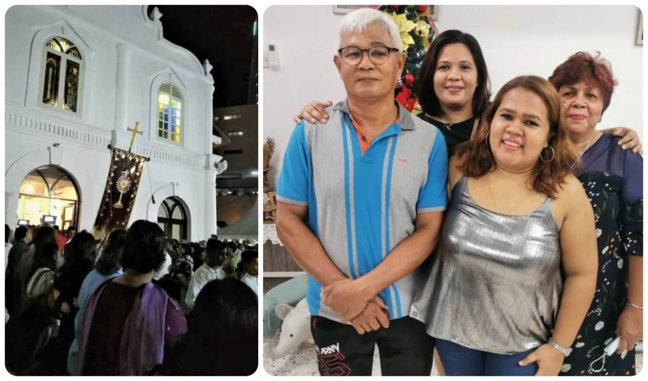 The packed St Peter's Church in Melaka during Holy Week celebrations in previous years (left pic). Gerard Pereira with daughters Poly Anna, Poly Esther and wife Mary. – Pic courtesy of Sara Fredrica Santa Maria 