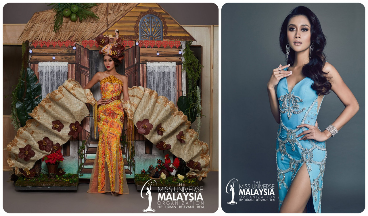 (L) Full view of the ‘Kampungku’ themed costume designed by Carven Ong. The sunset and gold details is an ode to Luhong’s Sarawakian heritage. (R) Luhong wearing the preliminary evening gown designed by Malaysian designer Rizman Ruzaini. — Pic courtesy of the Miss Universe Malaysia Organization