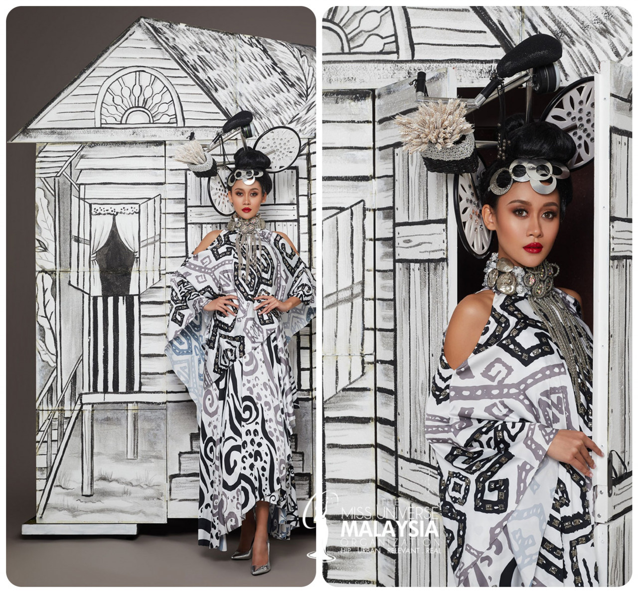 A separate design of the official national costume by the same designer. The entire look symbolises the sweet, innocent memory of youth while the motif on the fabric is inspired by Sarawak’s Orang Ulu print. — Pic courtesy of the Miss Universe Malaysia Organization