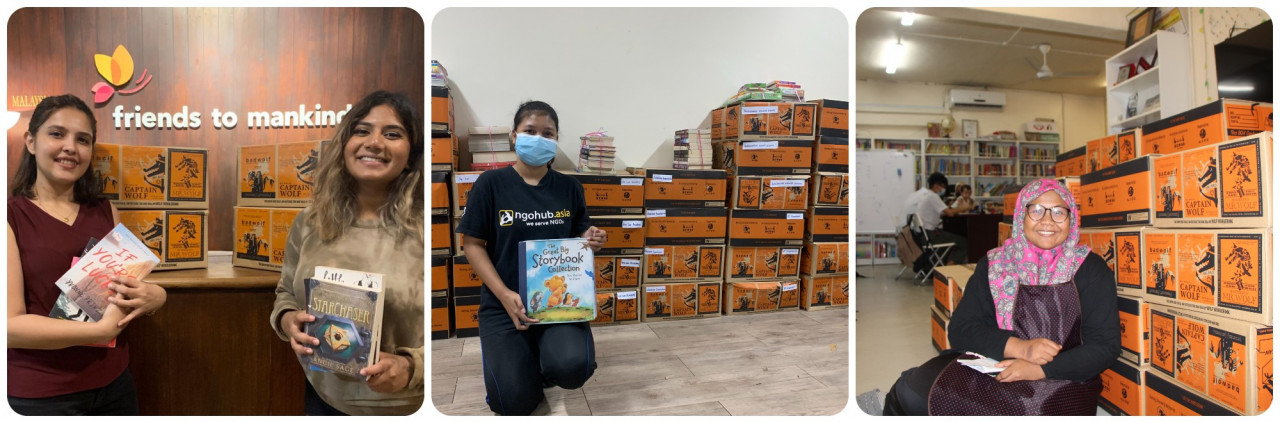 (L to R) Friends to Mankind Vice Chairperson, Kiranjit Kaur and representative, Apshy Vimal are all smiles as they receive the donated books from BookXcess during World Book Day. NGOHub representative Syakira Kamal striking a pose in front of the wall of books received during World Book Day. _All smiles. Founder of Buku Jalanan Chow Kit, Siti Rahayu Baharin posing for a quick shot with the book received from BookXcess during World Book Day. - Pics courtesy of BookXcess