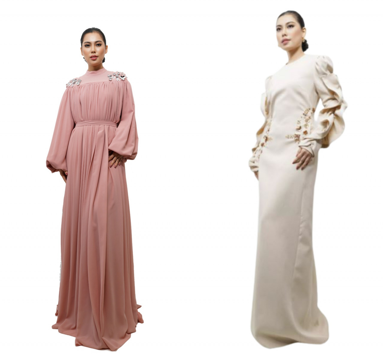 The Mabul Dress in Plain Blush Pink (L) and the Sibu Dress in Plain Light Nude. - Pic courtesy of Lazada