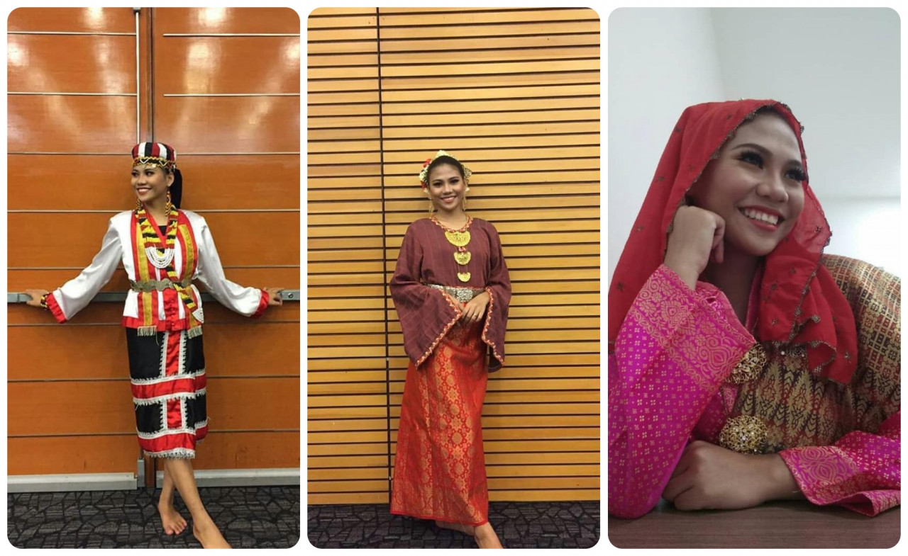 Melanie Melissa Rose Ong wears (from L-R) traditional Bidayuh, Melanau and Melayu costumes. – Courtesy of Madrod Family Album 