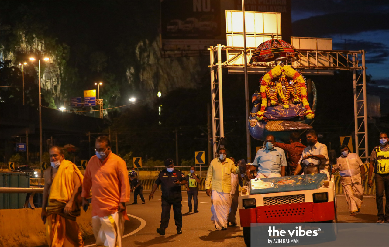 Lord Murugan on the way back to Sri Maha Mariamman Temple in Jalan Tun H.S. Lee, with fewer people around this year. – AZIM RAHMAN/The Vibes, January 28, 2021