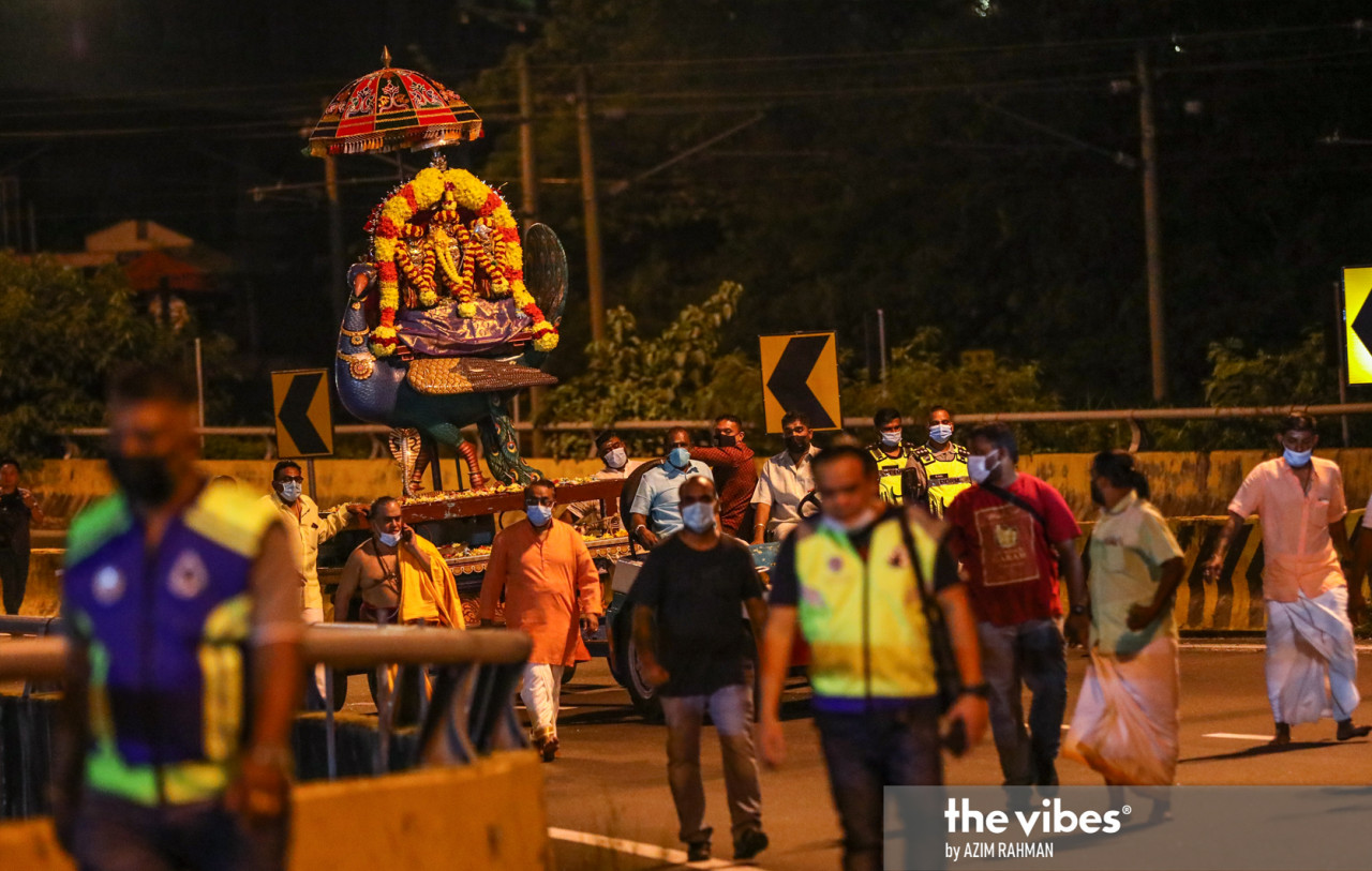 Only a selected few were permitted to accompany the vehicle carrying Lord Murugan back to Sri Maha Mariamman Temple in Jalan Tun H.S. Lee. – AZIM RAHMAN/The Vibes, January 28, 2021