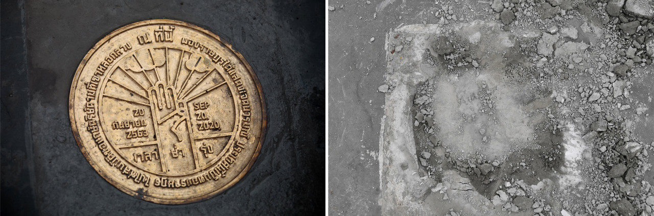 A combination photo created today shows a commemorative plaque placed by pro-democracy protest leaders yesterday (left) and an empty space after the plaque was removed today. – AFP pic, September 21, 2020