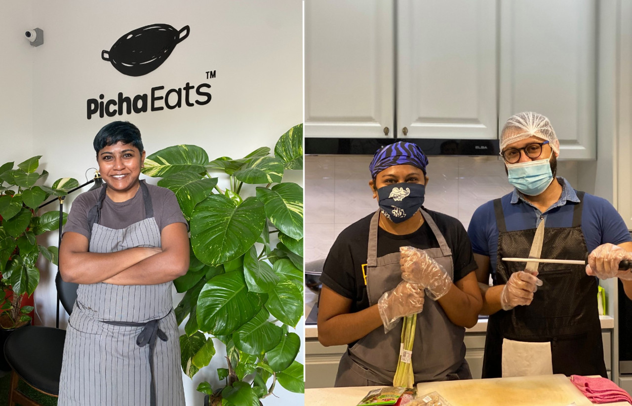 (Left) Parimalar Devi aka Chef Pari. (Right) Chef Pari with Chef Rami from Syria who is the only male Picha Chef and one of the driving forces behind PichaEats’ kitchen operations. – Pic courtesy of PichaEats, December 5, 2020