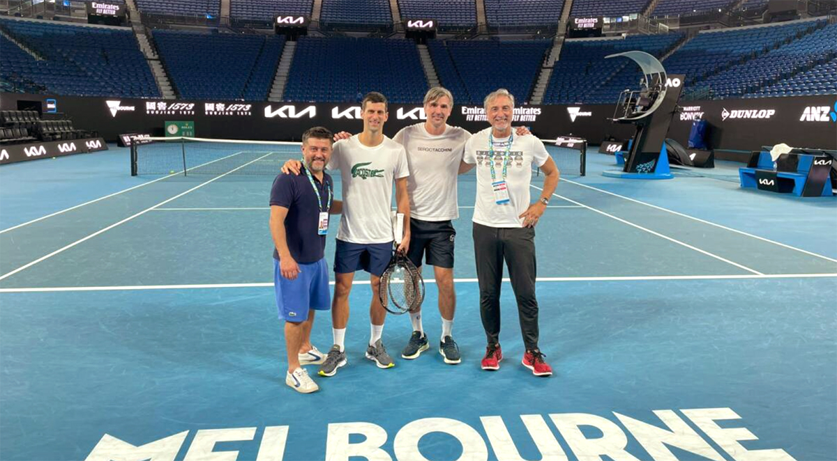Australian Open defending champion Novak Djokovic (second from left) with his team at the Rod Laver Arena. − Novak Djokovic Twitter pic, January 11, 2022
