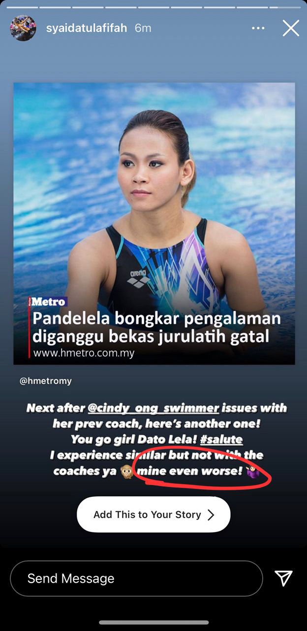 It is understood from Syaidattul Afifah’s cryptic Instagram post that the 30-year-old ex-national athlete is claiming to be a victim of sexual harassment. – Instagram pic, November 12, 2021