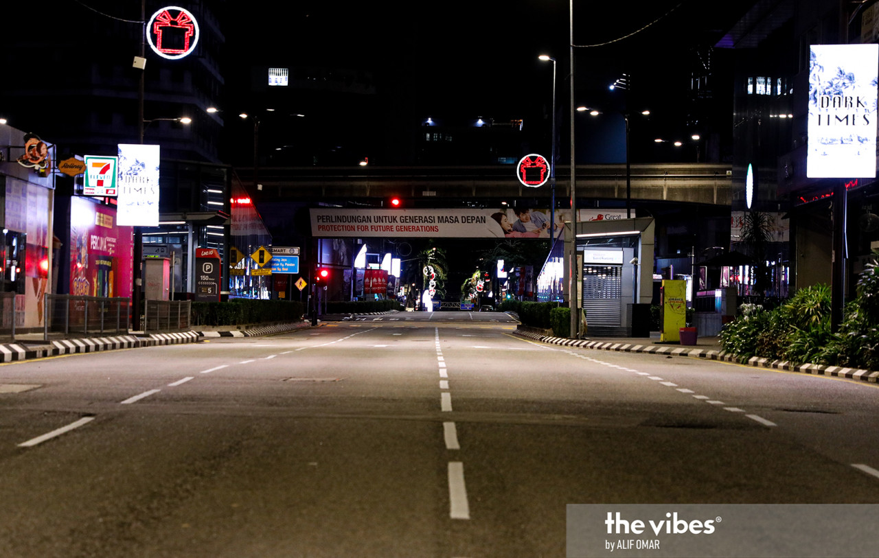An eerily quiet street in a usually bustling Kuala Lumpur, following the imposition of the MCO at midnight. – ALIF OMAR/The Vibes pic, January 13, 2021