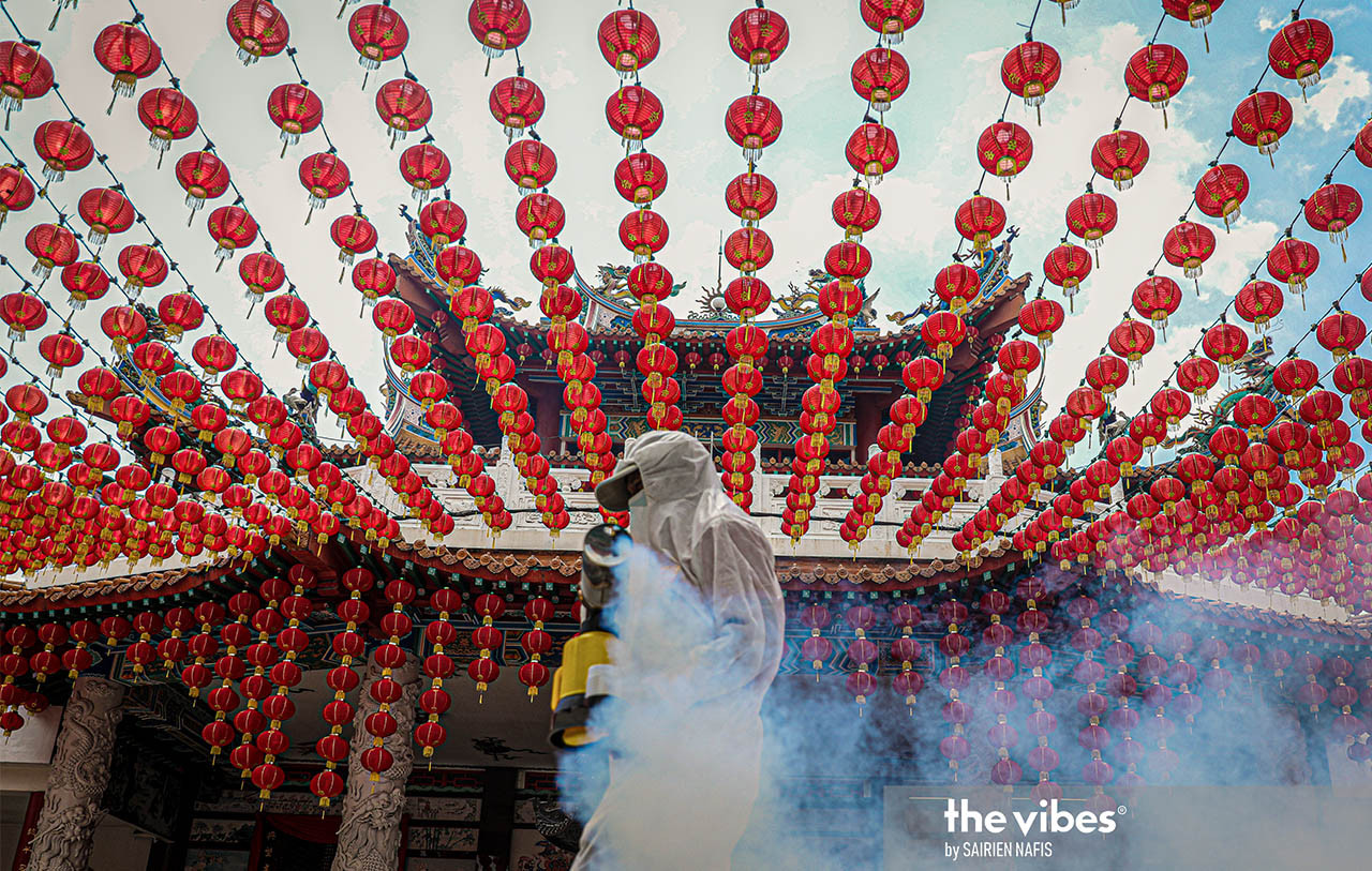 Sanitisation being carried out at the Thean Hou Temple in Kuala Lumpur to prepare for the arrival of visitors. – SAIRIEN NAFIS/The Vibes pic, February 26, 2021