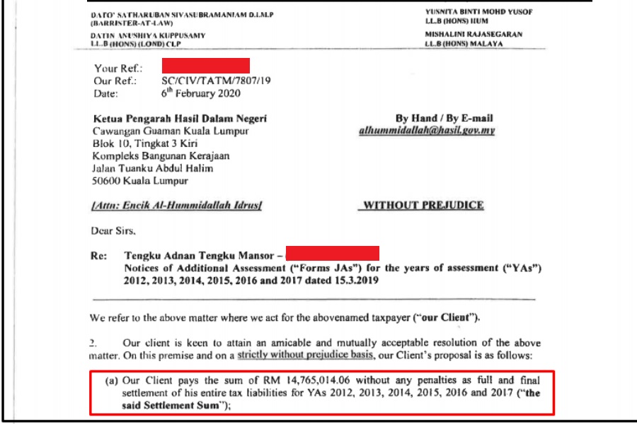 A screenshot of a letter from Datuk Seri Tengku Adnan Tengku Mansor’s lawyers proposing a settlement sum of RM14.77 million. – The Vibes, October 5, 2020