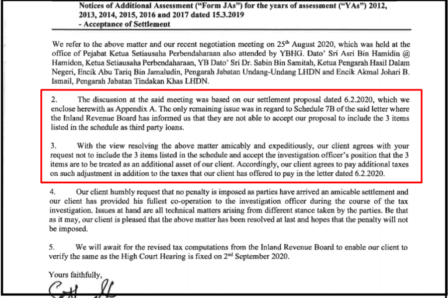 A screenshot of a letter from Datuk Seri Tengku Adnan Tengku Mansor’s lawyers to IRB on his additional assets. – The Vibes, October 5, 2020