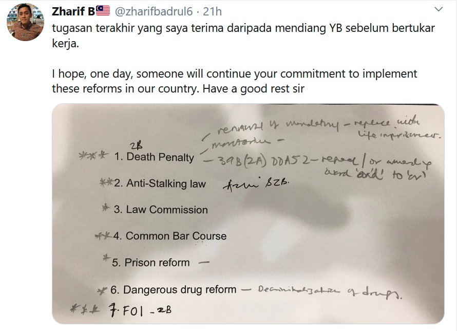 Zharif Badrul posted on Twitter his last assignment from Datuk VK Liew. – Twitter pic, October 3, 2020