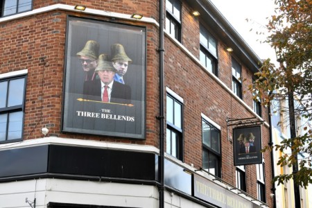 Prime Minister Boris Johnson, Health Secretary Matt Hancock and Special Advisor Dominic Cummings are pictured on a pub in New Brighton, which were protesting their handling of the virus pandemic. – AFP pic, October 16, 2020