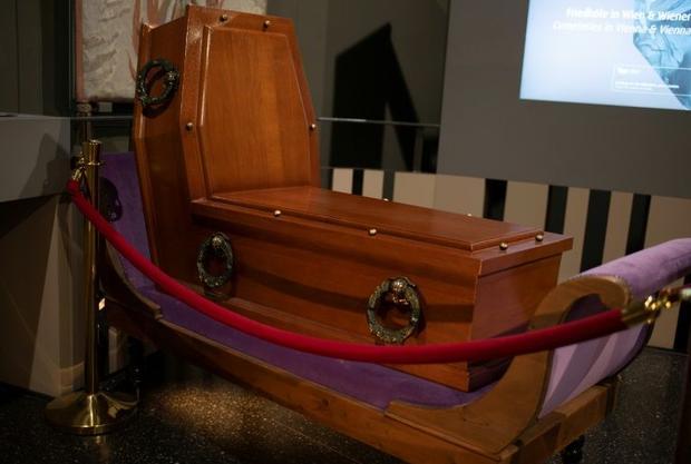 A coffin designed for upright sitting is seen on display at the Funeral Museum in Vienna. - AFP pic, October 31, 2020
