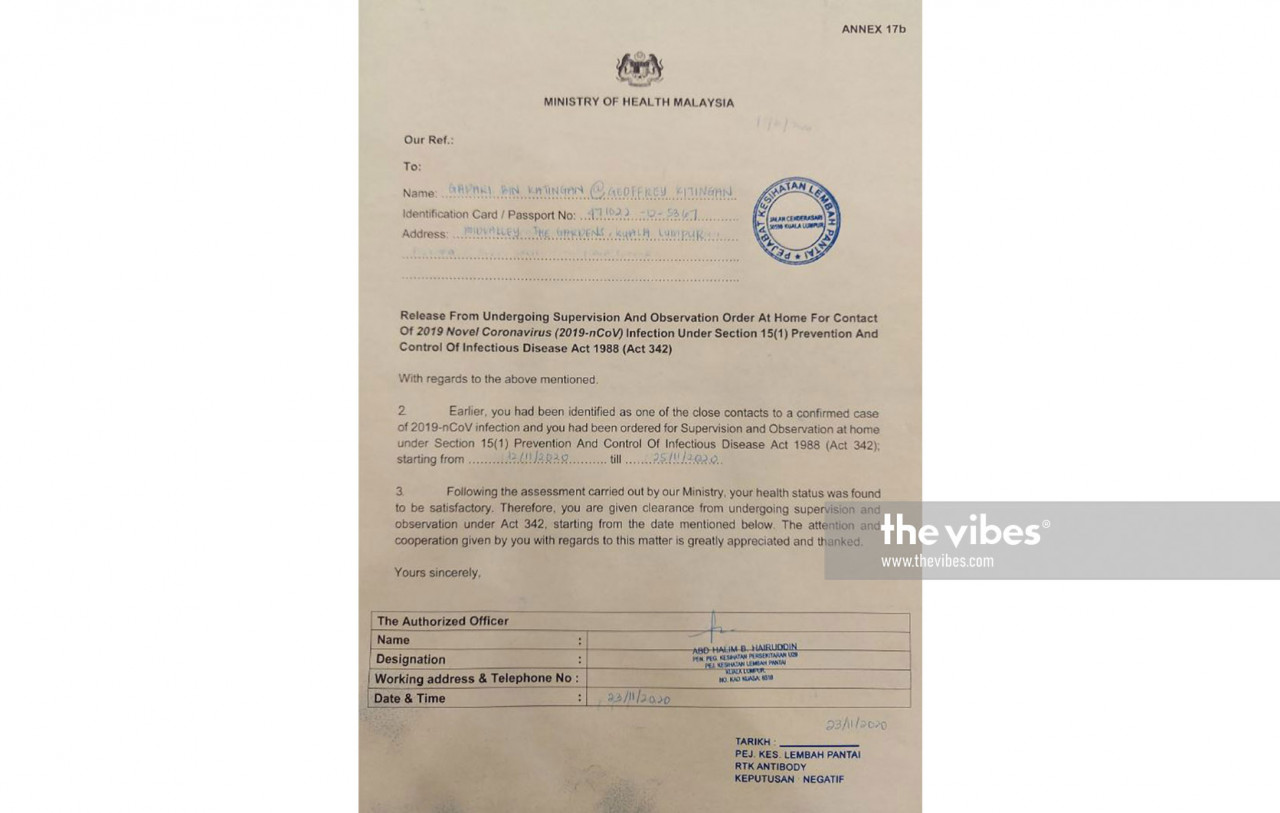 The clearance letter from the Health Ministry given to Sabah Deputy Chief Minister Datuk Seri Jeffrey Kitingan. – The Vibes pic, November 24, 2020
