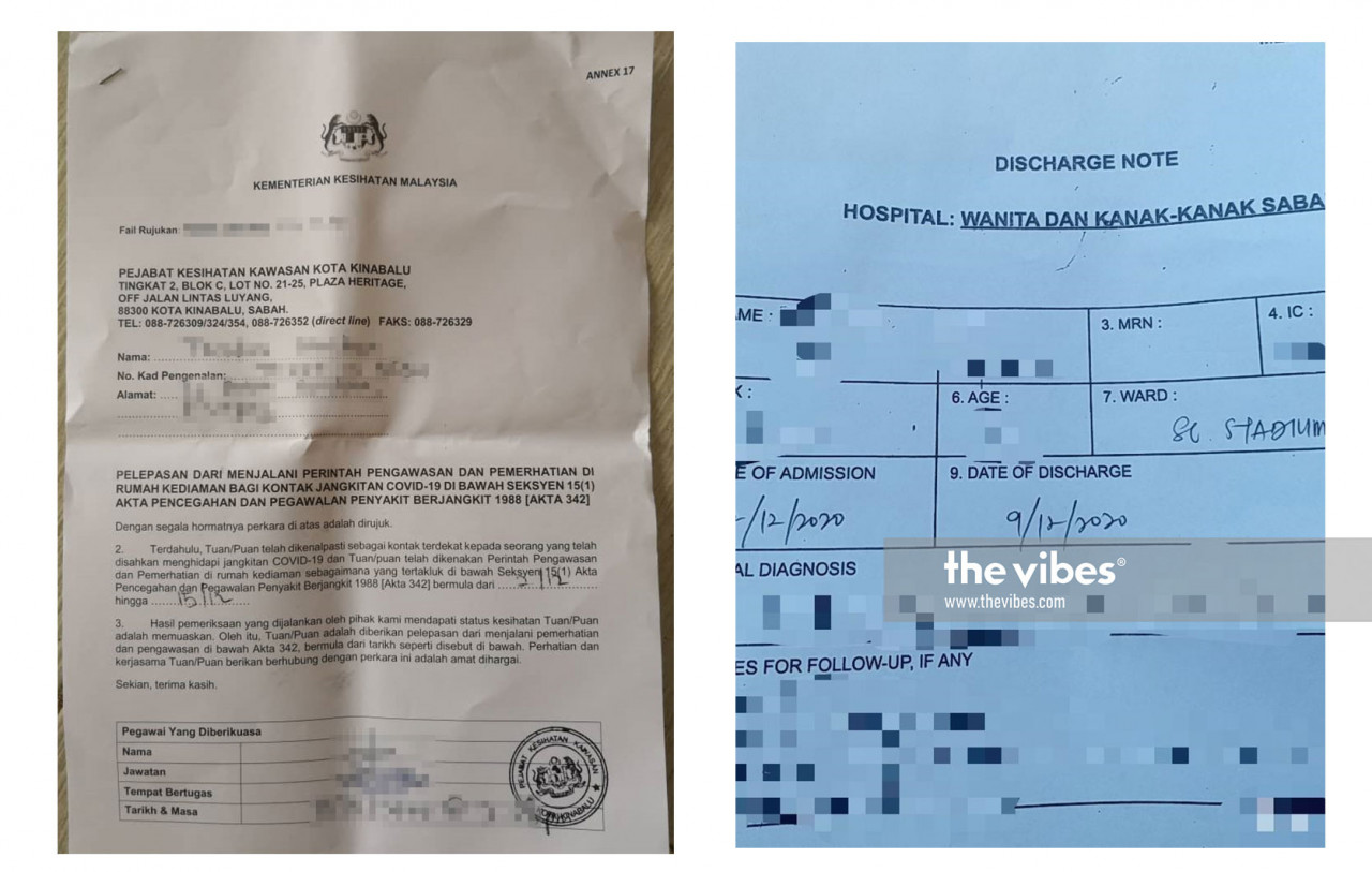 (Left) A letter from the Health Ministry instructing a patient-under-investigation to undergo self-isolation at home from December 2 to 15, and (right) a release letter signed by a doctor allowing a Covid-19 patient to self-isolate at home. – File pic, December 28, 2020