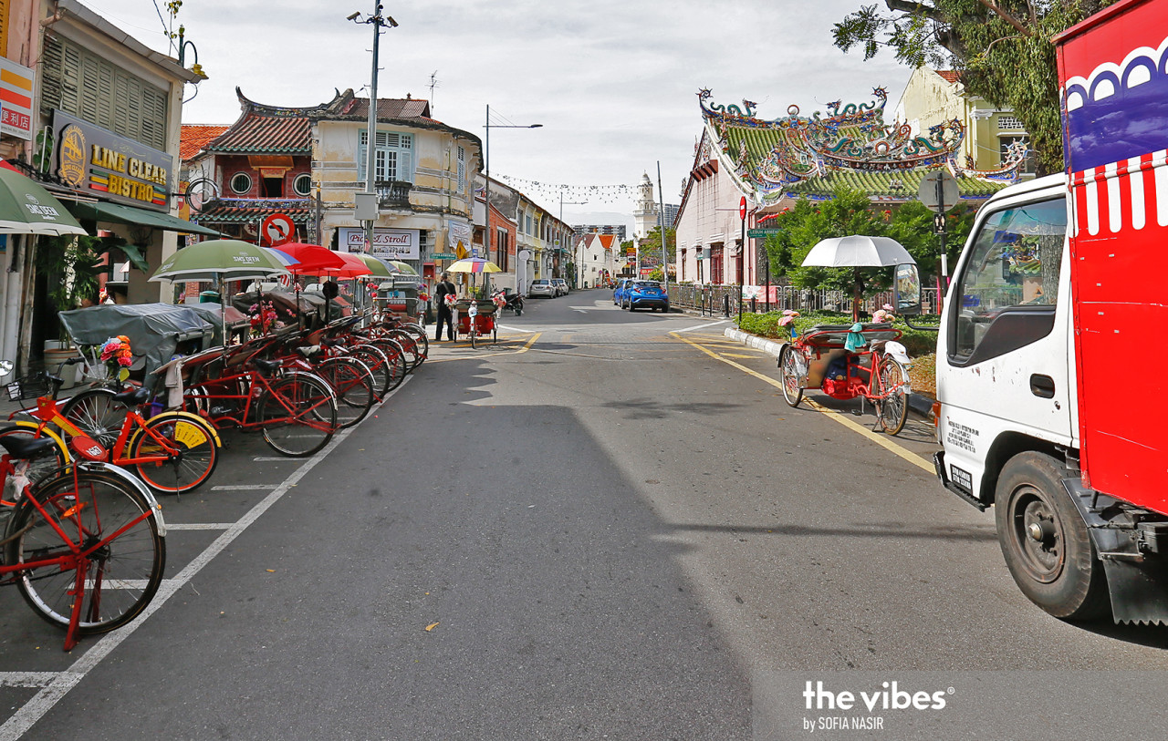 Trishaws, a common sight in Penang’s tourist areas, seen on a quiet street today. – SOFIA NASIR/The Vibes pic, January 13, 2021