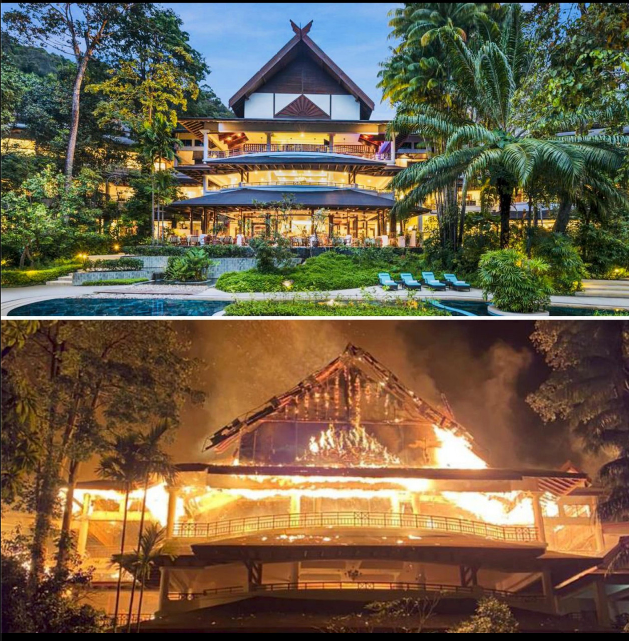 A before-and-after picture of the Andaman Resort in Langkawi, which caught fire last night and has firefighters still taming the blaze. – David Loh pic, January 13, 2021