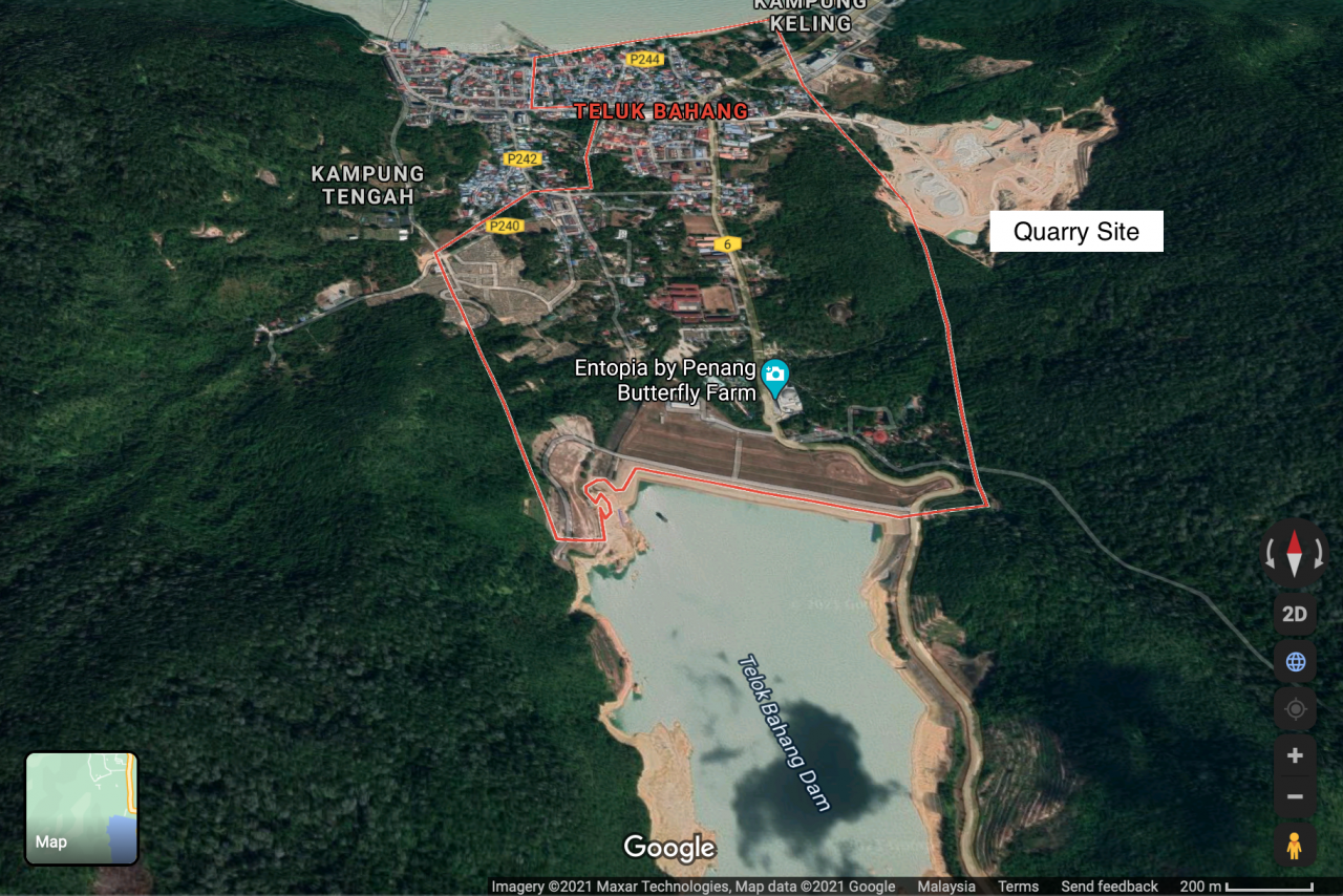 A Google Maps screenshot showing the site of illegal quarrying at a hill in Teluk Bahang, George Town, Penang. – Google Maps pic, March 4, 2021