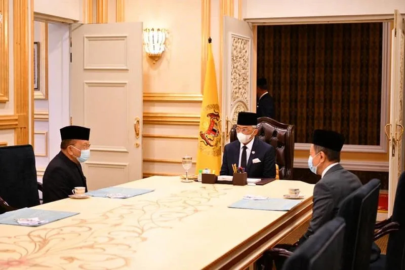 Dewan Rakyat Speaker Datuk Azhar Azizan Harun (right) and Dewan Negara Speaker Tan Sri Rais Yatim (left) had an audience with the Agong (centre) earlier today to discuss reconvening Parliament. – Istana Negara Facebook pic, June 29, 2021