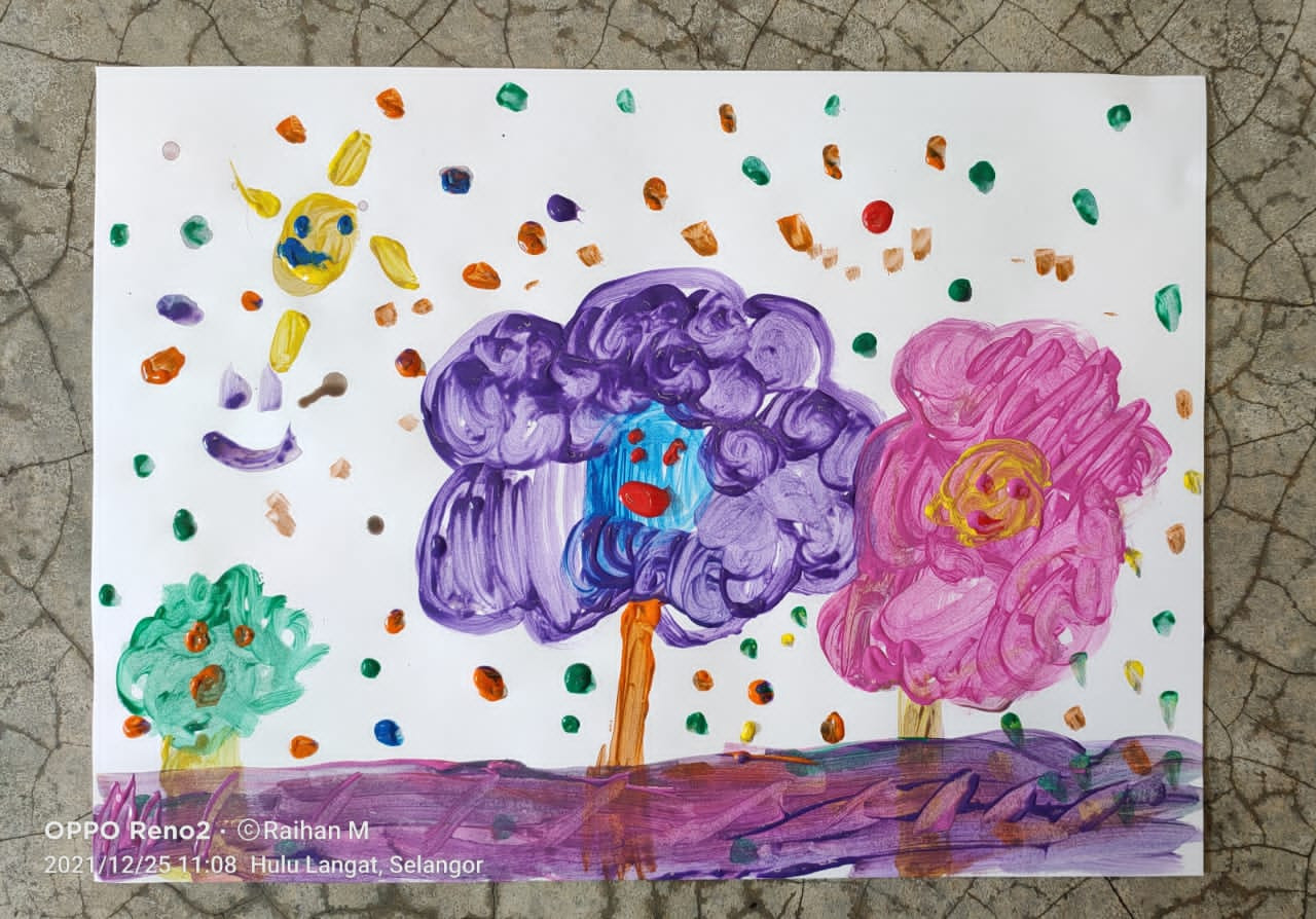 A painting by a little girl affected by the floods, showing a smiling sun and trees amid rain and floodwater. – Pic courtesy of Dr Nik Raihan Mohammed, January 18, 2022