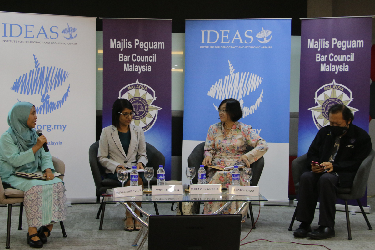 Cynthia Gabriel (second from left) and Maria Chin Abdullah (second from right) were speaking on the challenges of implementing the PFA along with Bar Council constitutional law committee chairperson, Andrew Khoo (right), at the conference today. – @IDEASMalaysia Twitter pic, June 24, 2022