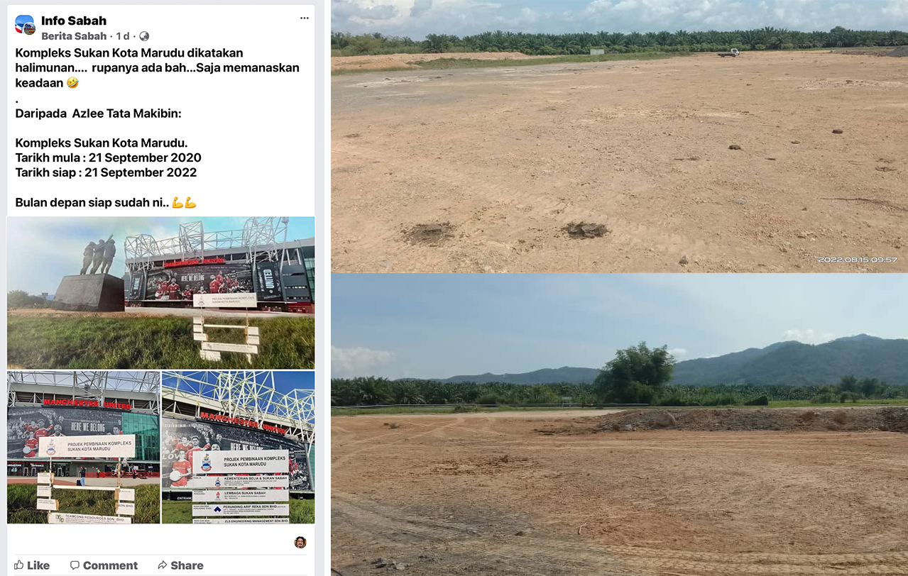 According to a source directly involved with the Kota Marudu sports complex project, the development of the sports complex has not been abandoned by the state government, with the project set to receive an extension of time in order to complete it. – Social media pic, August 17, 2022