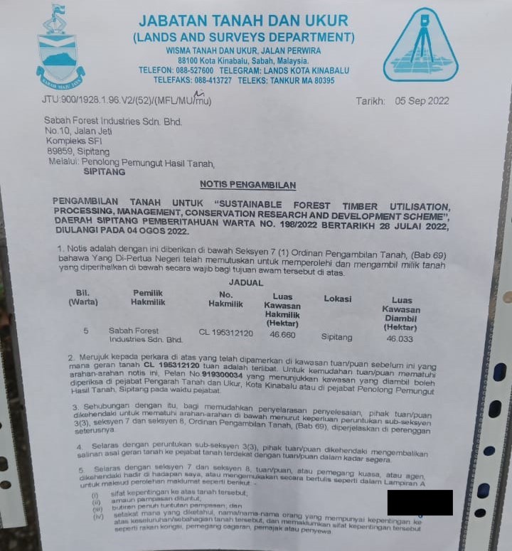 The source says that upon the second publication of the gazette under Section 3 of the Land Acquisition Ordinance, Cap 69, the affected landowners or any interested parties are notified and served notice of the acquisition. – Pic courtesy of Dayang Rosmawatye Salleh, September 24, 2022