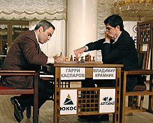 Kasparov became World Champion, defeating Anatoly Karpov. Wiki pic