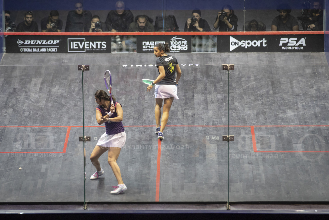 Nour El Sherbini, from Egypt (L), plays against Raneem El Welily from Egypt (R), in the CIB Women’s World Championships 2019_2020 in Cairo. AFP pic