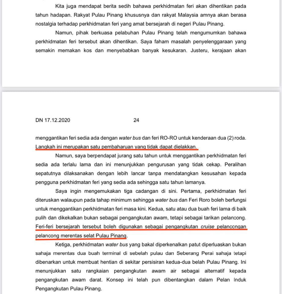 Lim Guan Eng’s younger sister, senator Lim Hui Ying's statement (hansard) in the Dewan Negara dated December 17 agreeing to the replacement of the iconic Penang ferries. – Facebook pic, December 28, 2020